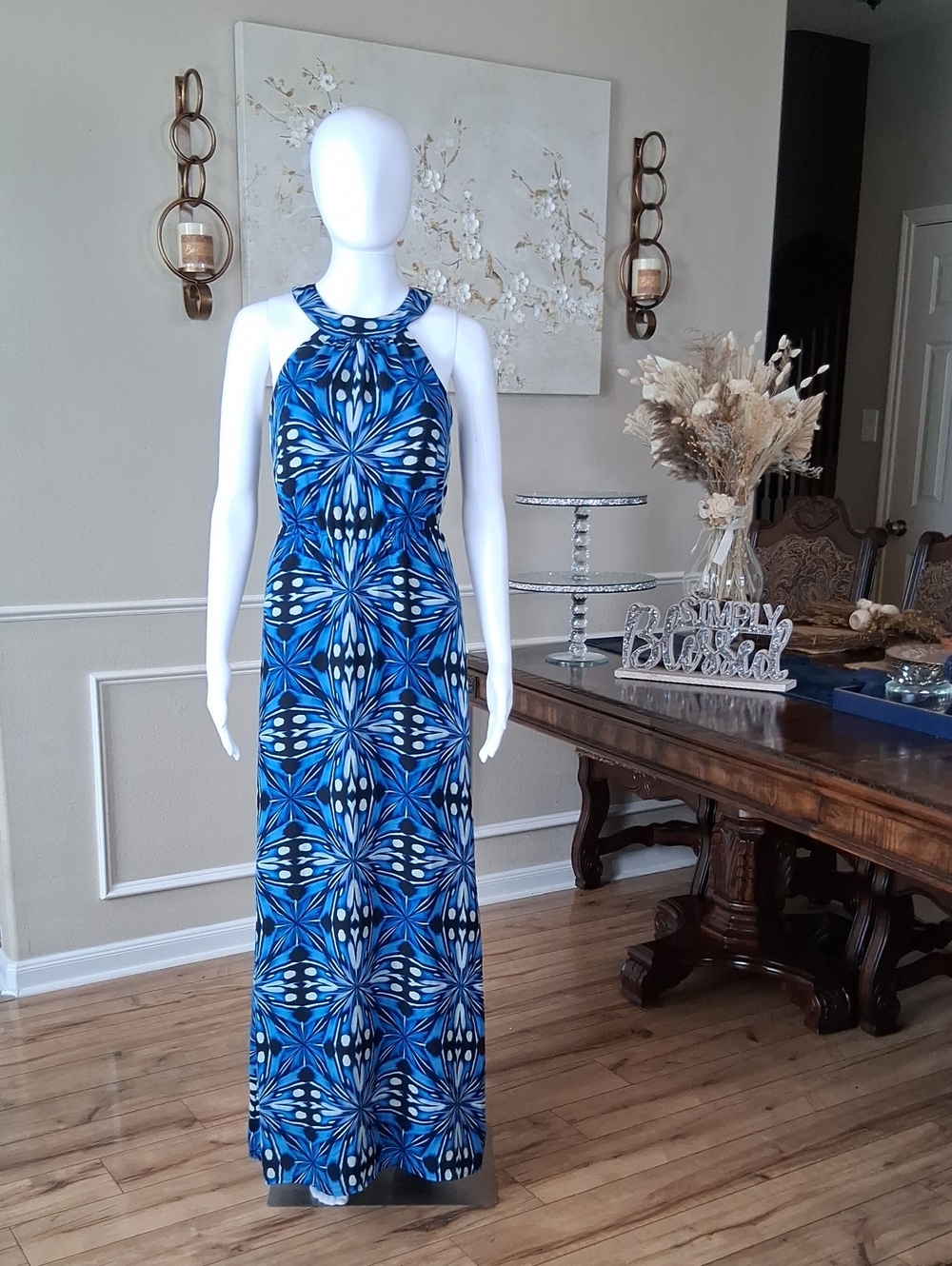 Women's Blue Patterned Halter Maxi Dress - Elegant Summer Style Extra Small